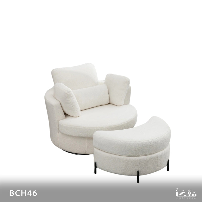 Natural wood round chair with pouf - BCH46