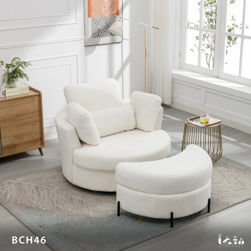 Natural wood round chair with pouf - BCH46