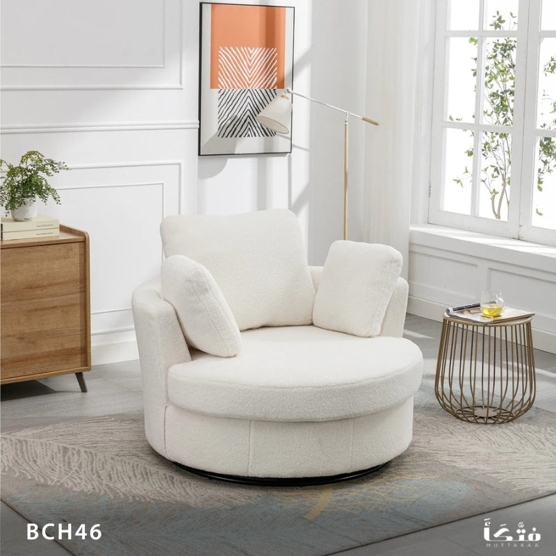 Natural wood round chair with pouf - BCH46
