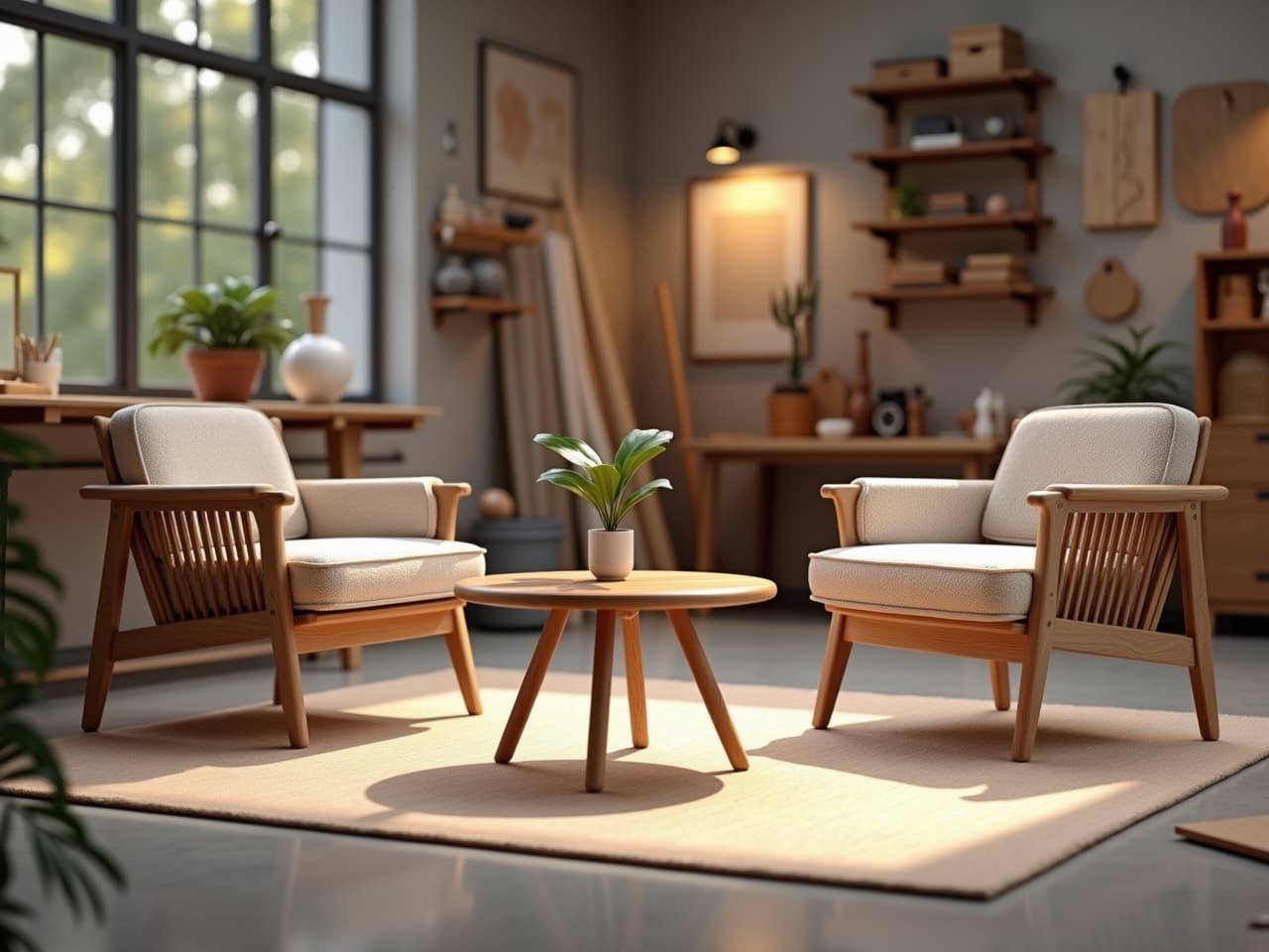 ورشة أثاث حديثة بتصميم منظم، تعرض قطع أثاث عالية الجودة في مراحل التصنيع المختلفة، مع مواد خام وأدوات احترافية تعكس الدقة والحرفية في الصناعة